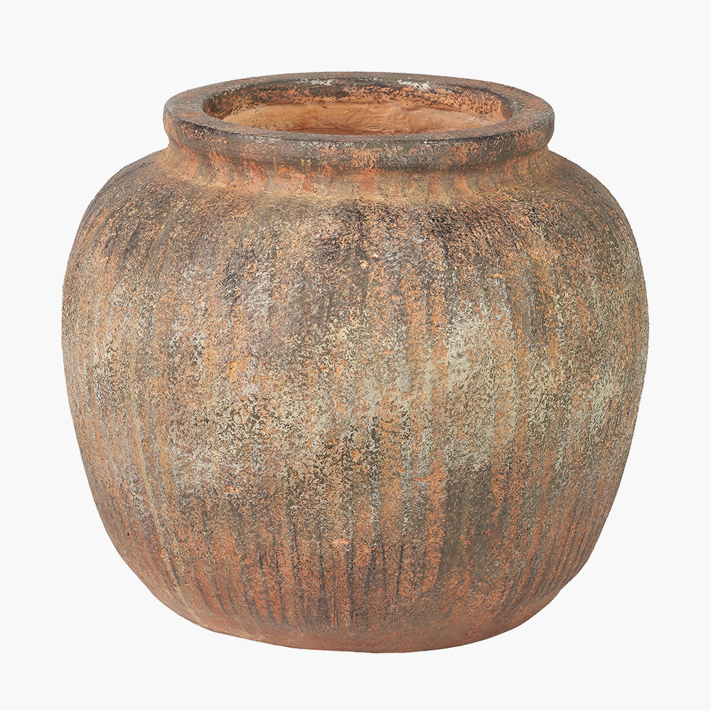 Rustic Brown Fibrestone Vertical Ribbed Decorative Vase Round