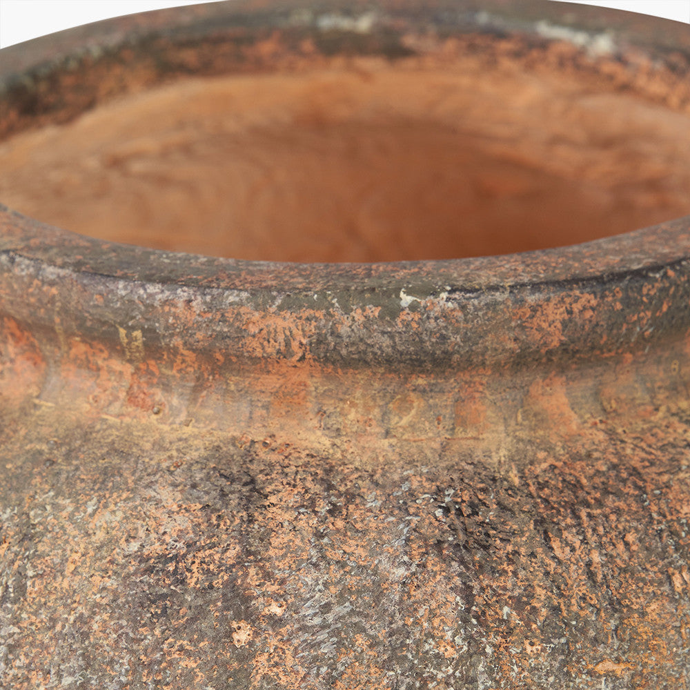 Rustic Brown Fibrestone Vertical Ribbed Decorative Vase Round