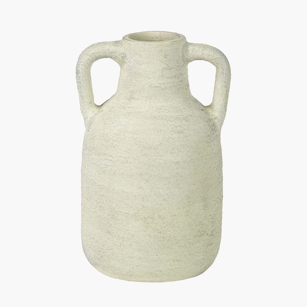 White Textured Terracotta Decorative Vase with Handles Medium