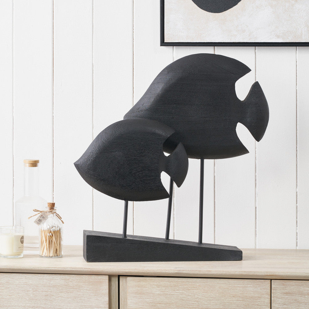 Black Handcarved Mango Wood Double Teardrop Angelfish Ornament