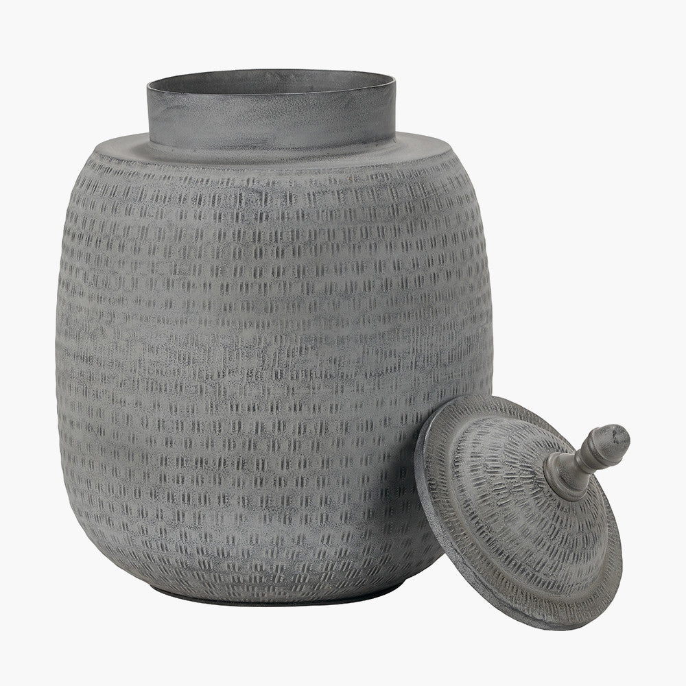 Raj Charcoal Grey Hammered Metal Urn Vase with Lid