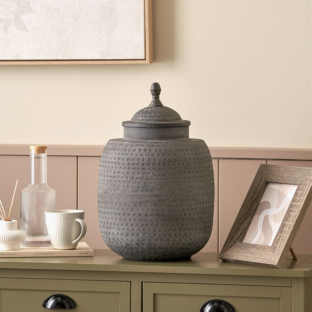Raj Charcoal Grey Hammered Metal Urn Vase with Lid