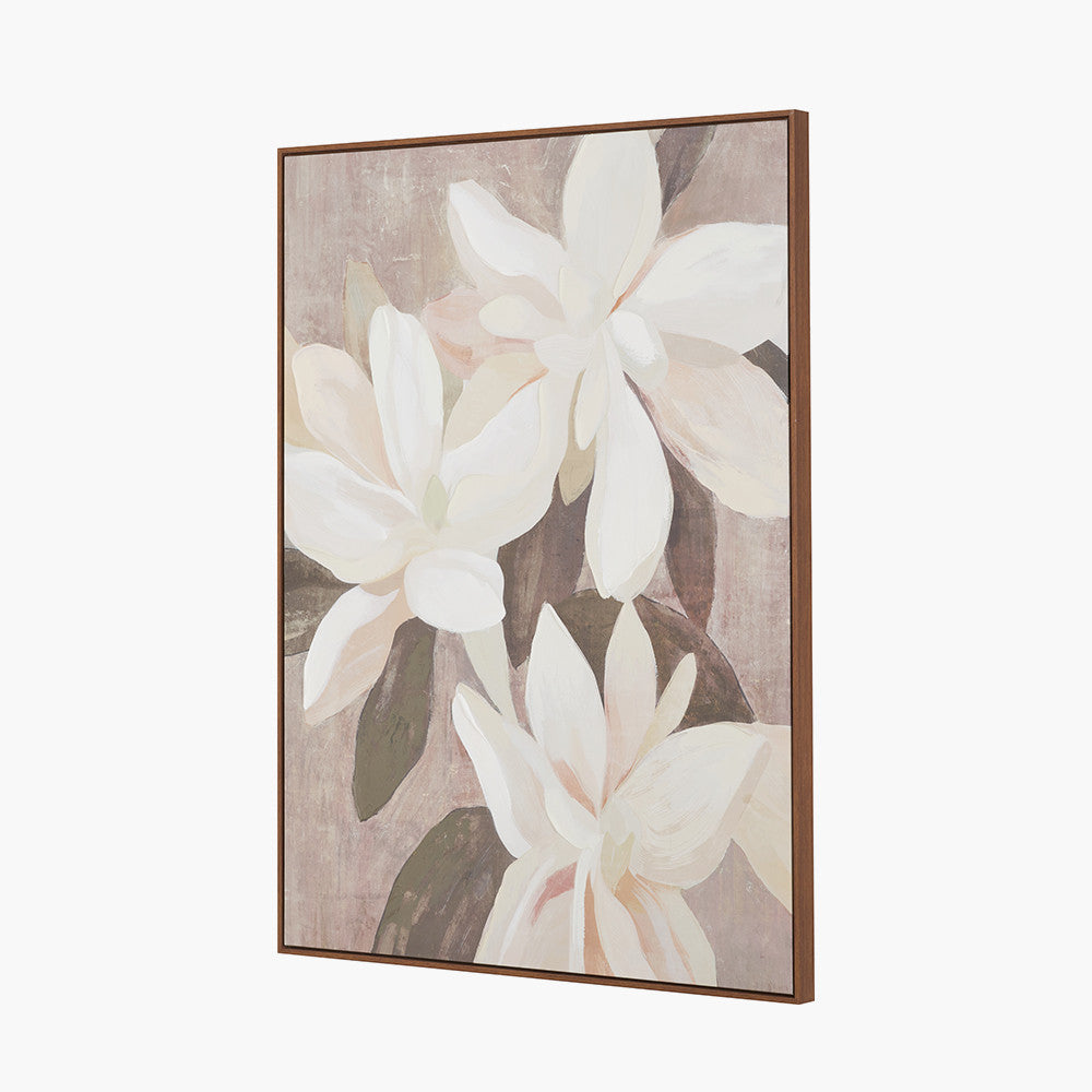 White and Natural Floral Canvas with Oak Effect Frame