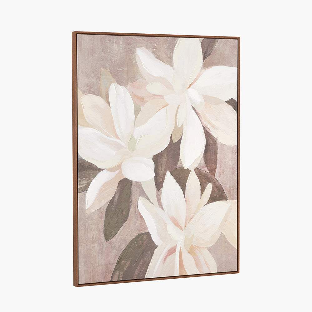 White and Natural Floral Canvas with Oak Effect Frame