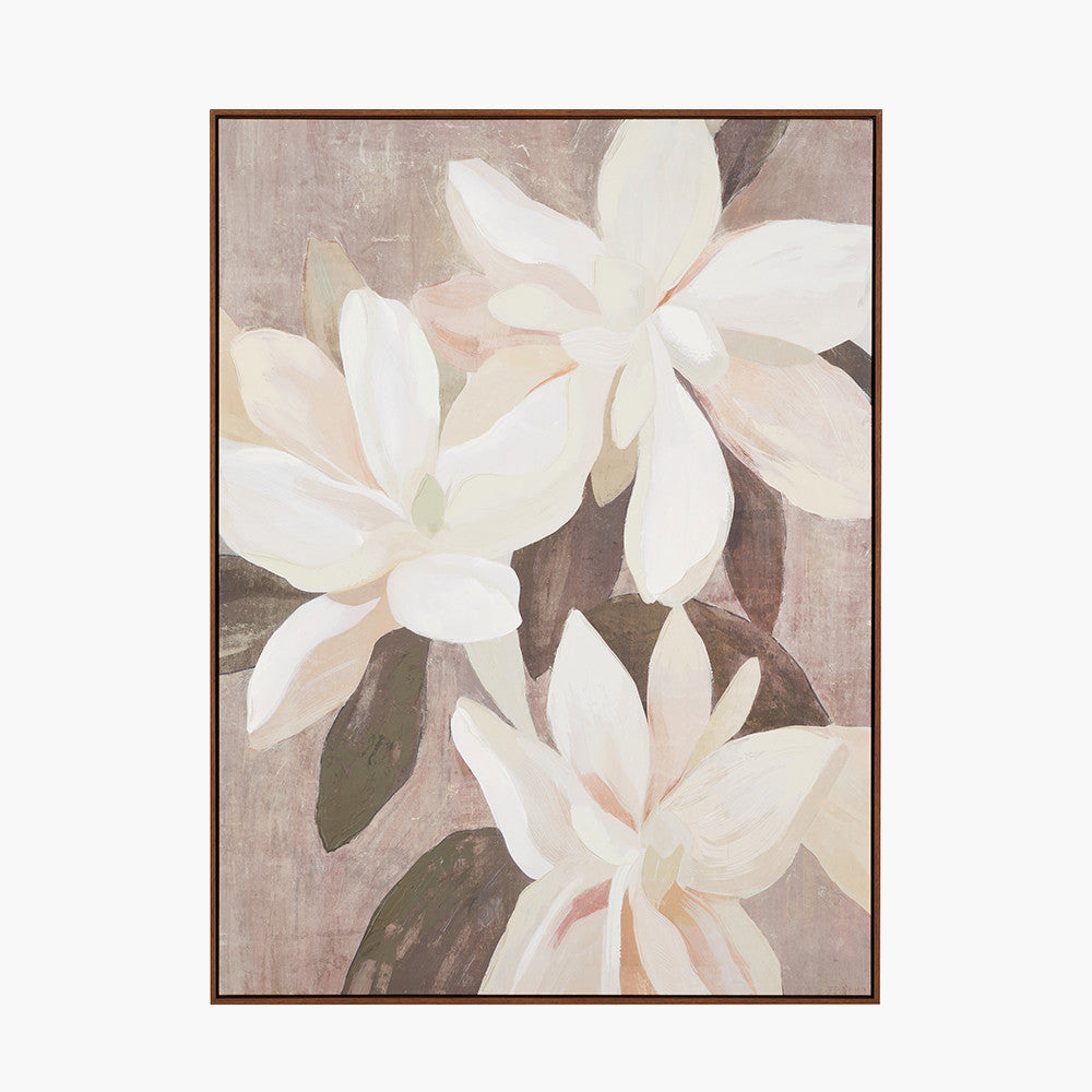 White and Natural Floral Canvas with Oak Effect Frame