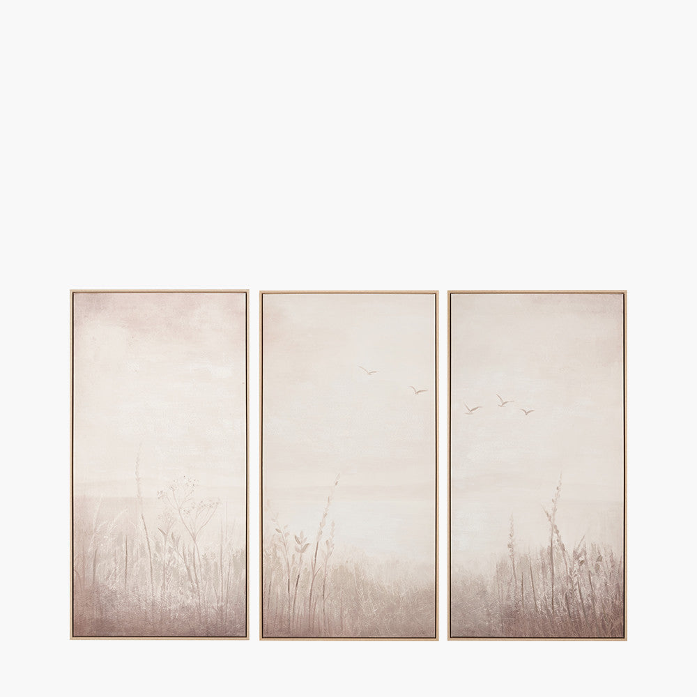 S/3 Natural and White Landscape Canvases with Natural Frames