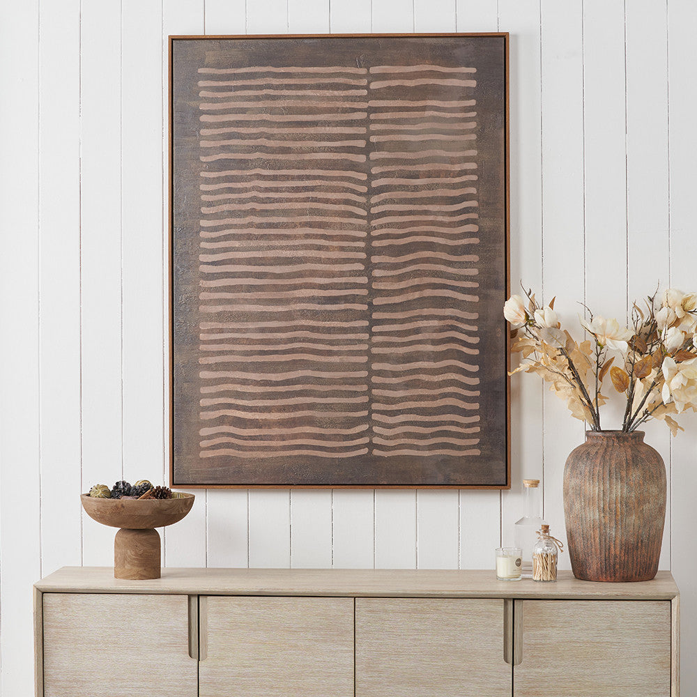 Brown and Natural Linear Design Canvas with Oak Effect Frame