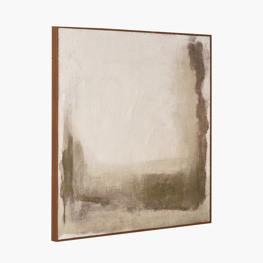Green and Natural Abstract Square Hessian Canvas with Oak Effect Frame