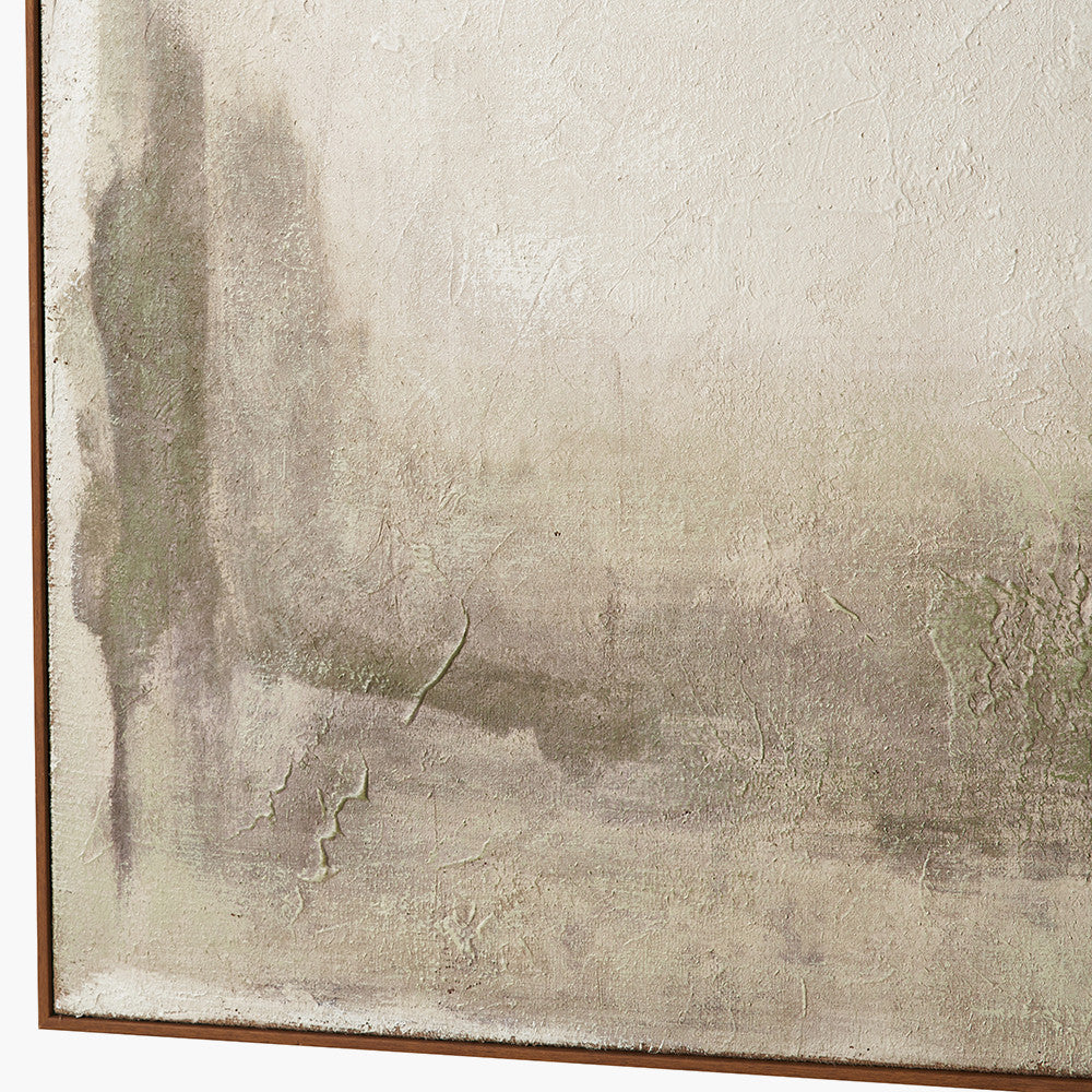 Green and Natural Abstract Square Hessian Canvas with Oak Effect Frame
