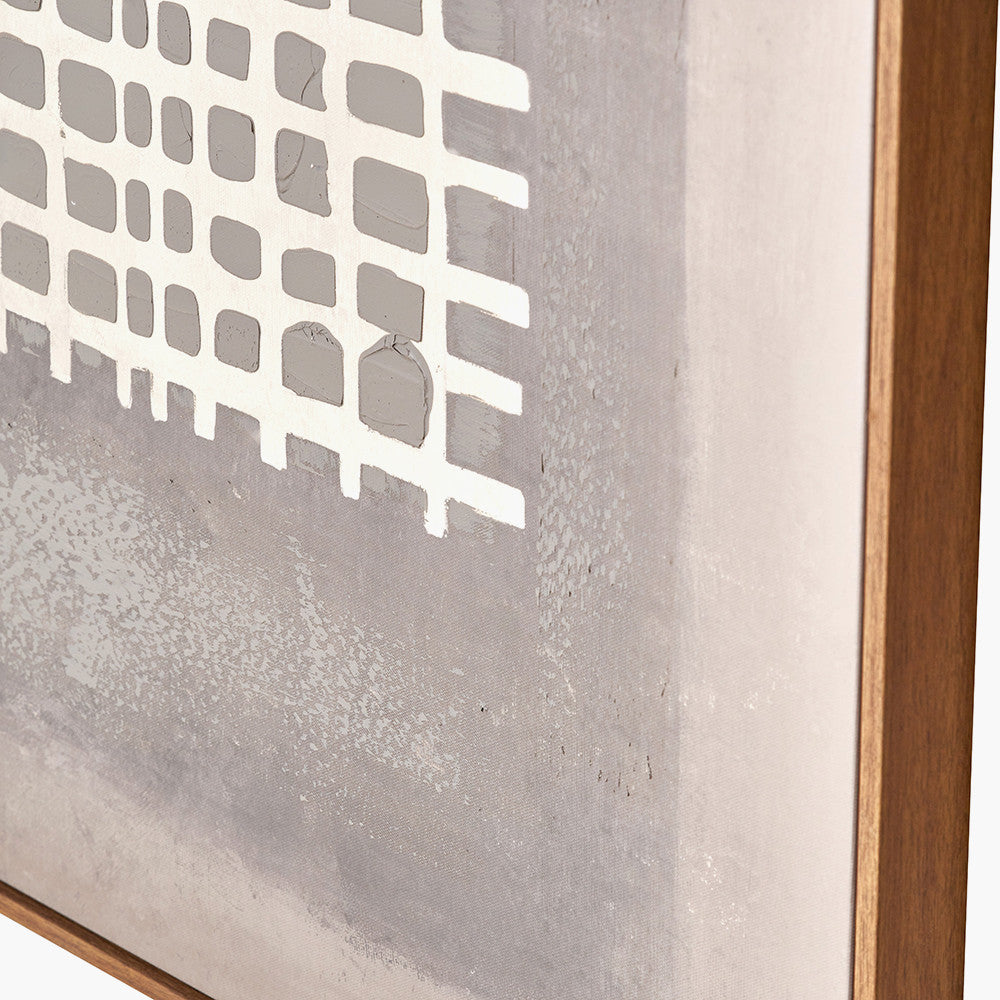 Brown and Natural Grid Design Canvas with Oak Effect Frame