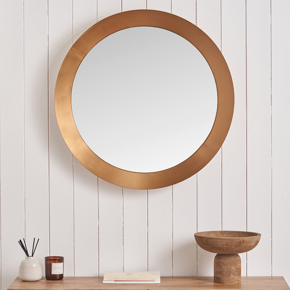 Burnished Gold Metal Angled Frame Round Mirror Large