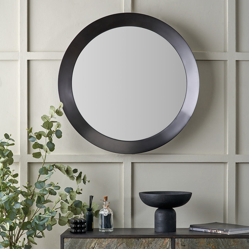 Graphite Metal Angled Frame Round Mirror Large