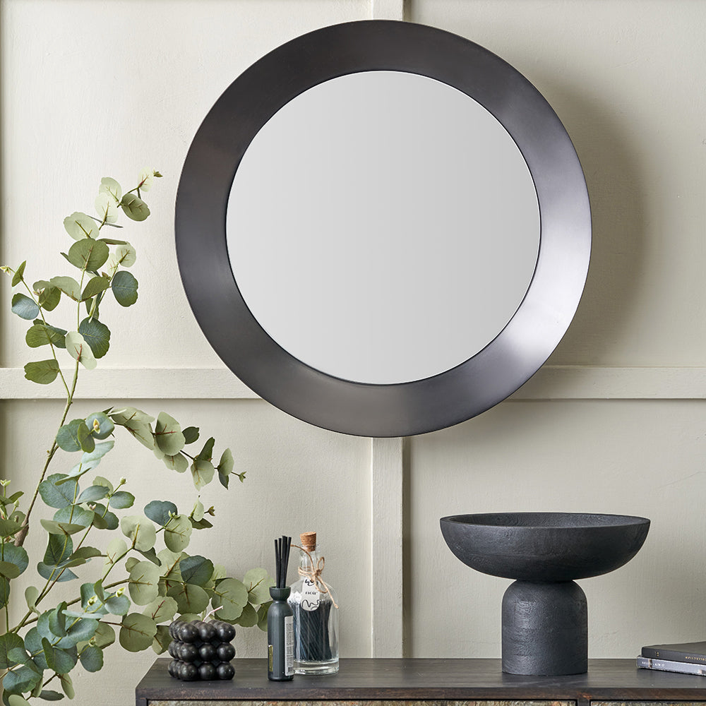 Graphite Metal Angled Frame Round Mirror