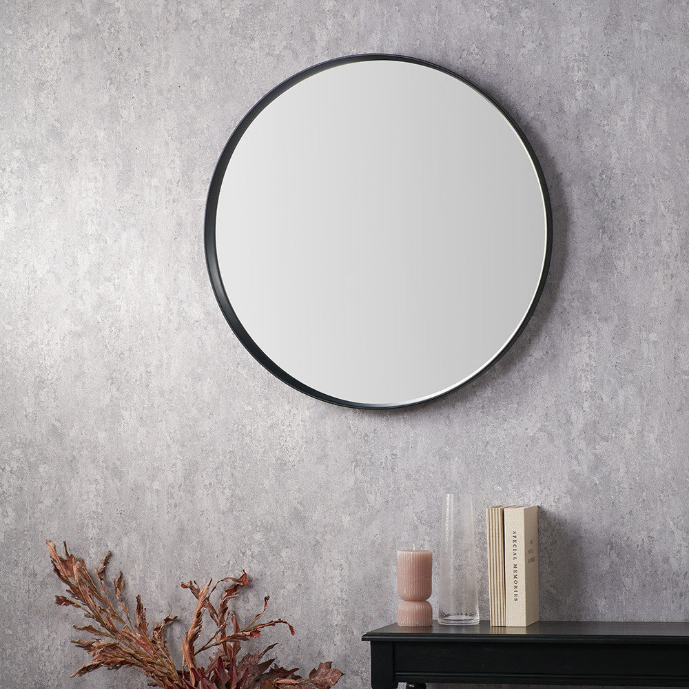 Black Wood Veneer Deep Edge Round Wall Mirror Large