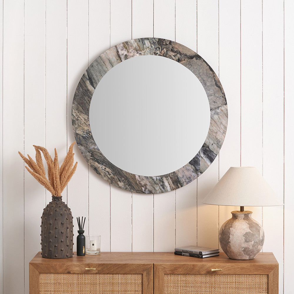Myana Jade Marble Effect Veneer Round Wall Mirror