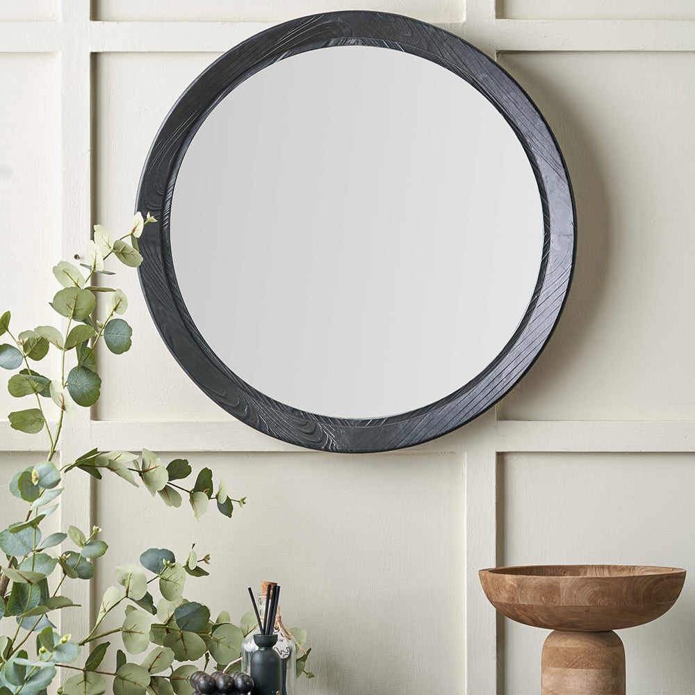 Elwood Black Fir Wood Effect Round Wall Mirror