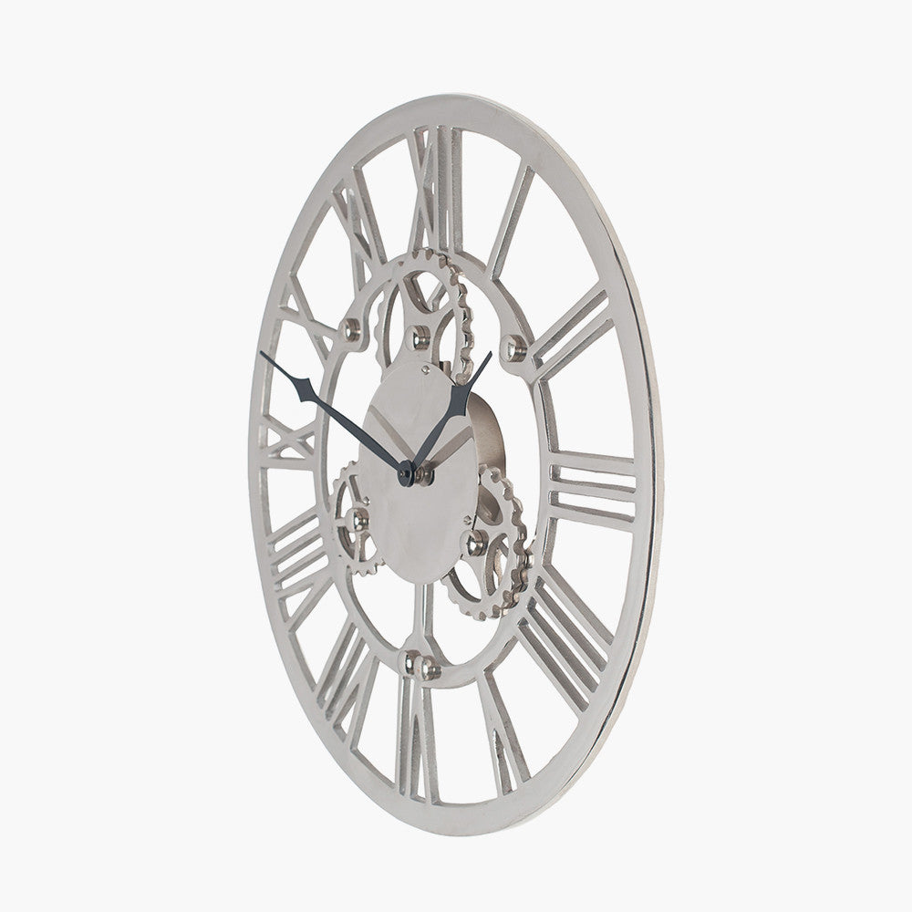 Shiny Nickel Cog Design Round Wall Clock Small