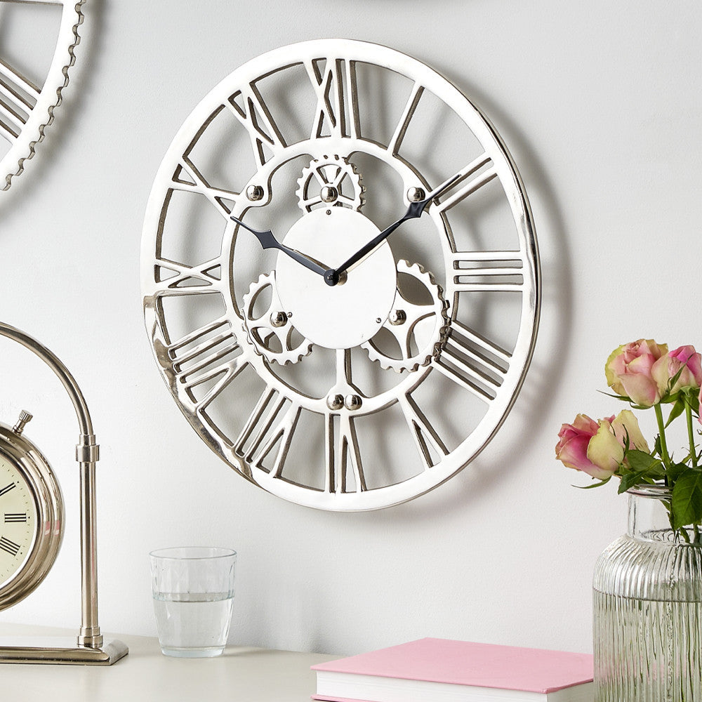 Shiny Nickel Cog Design Round Wall Clock Small