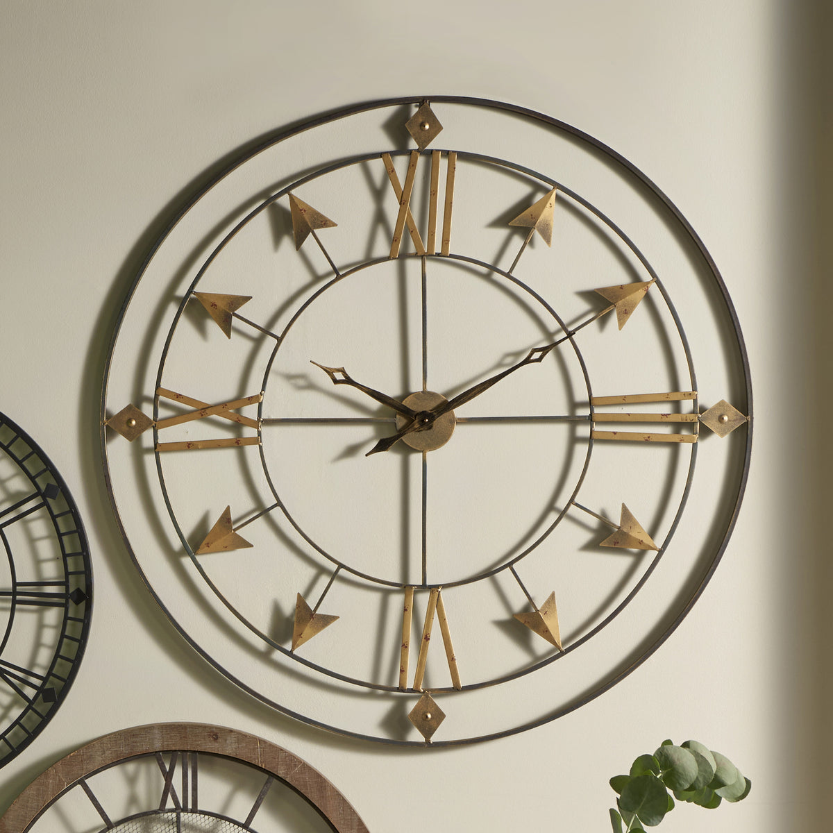 Antique Grey & Gold Metal Large Round Wall Clock