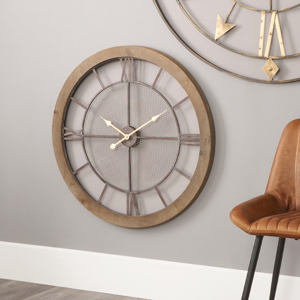 Natural Wood & Metal Round Wall Clock
