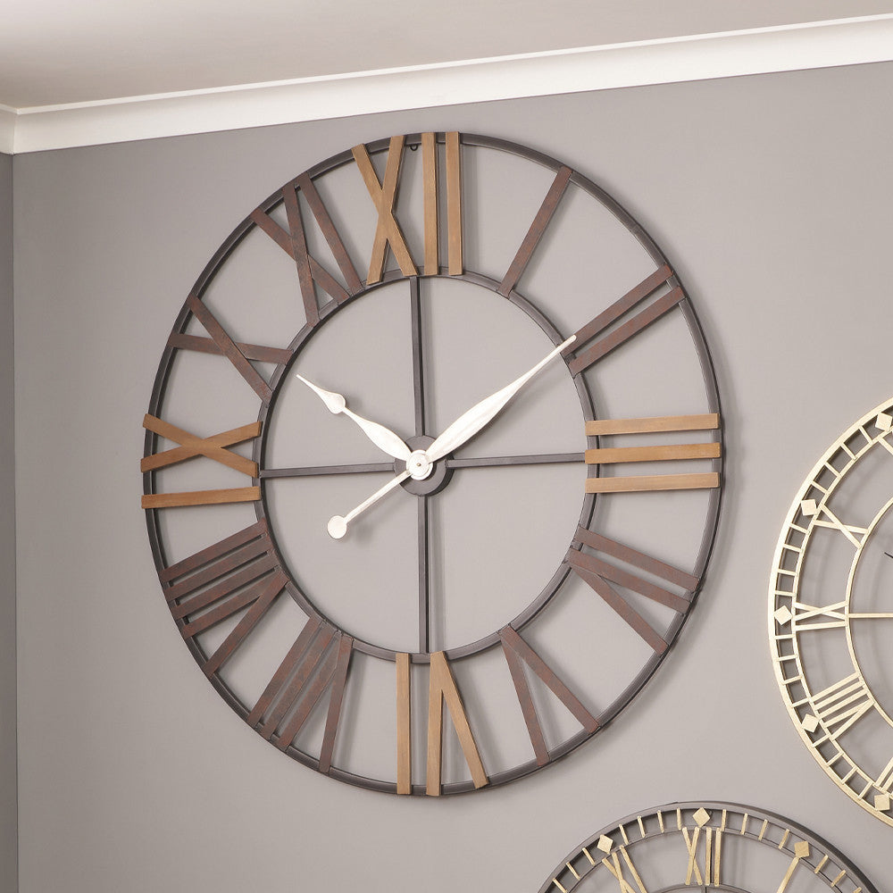 Antique Grey Metal & Wood Round Wall Clock