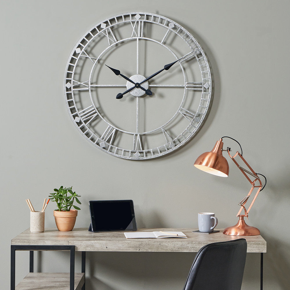 Antique Silver Metal Round Wall Clock