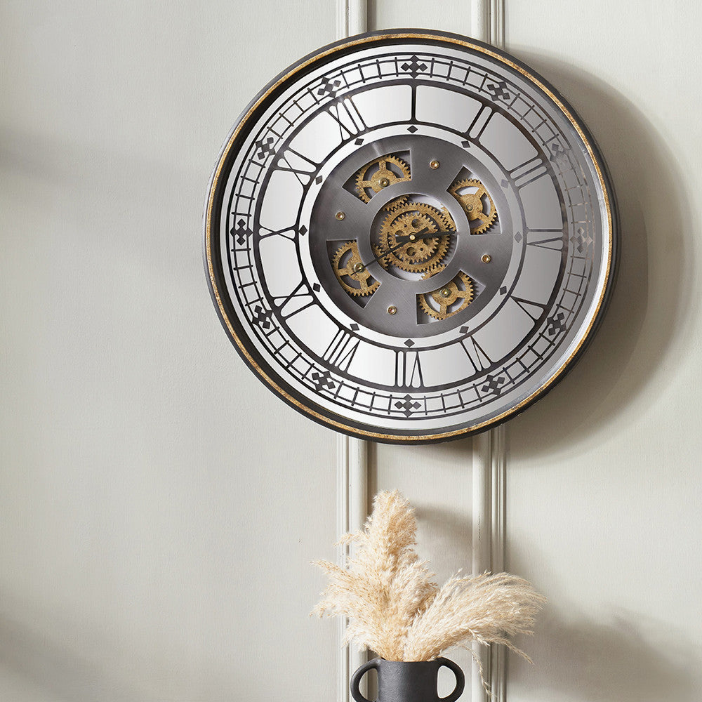 Antique Gold Wood & Mirror Round Working Cog Wall Clock