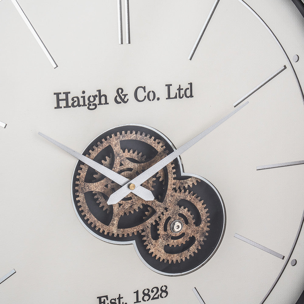 Ivory and Silver Wood Working Cog Wall Clock