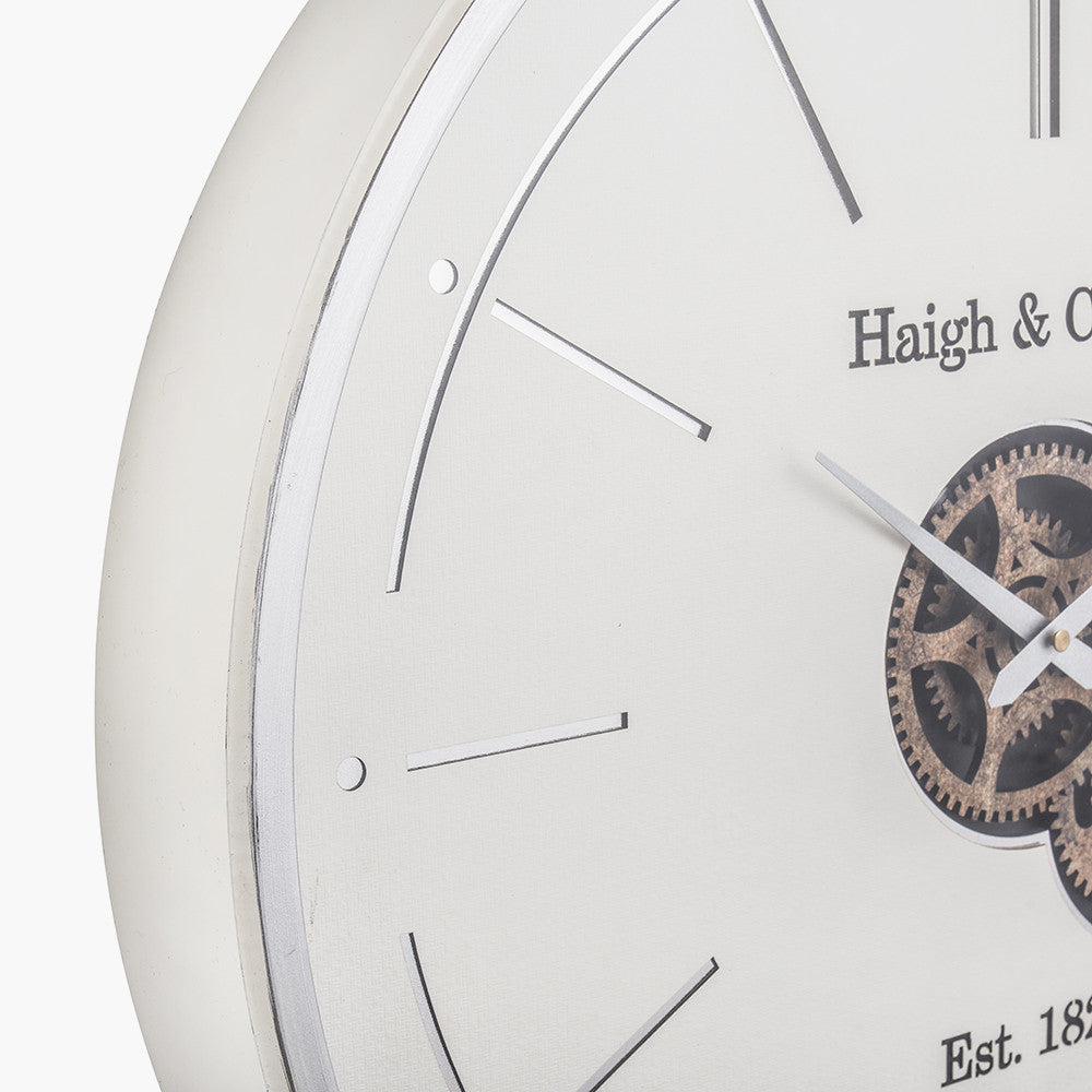 Ivory and Silver Wood Working Cog Wall Clock