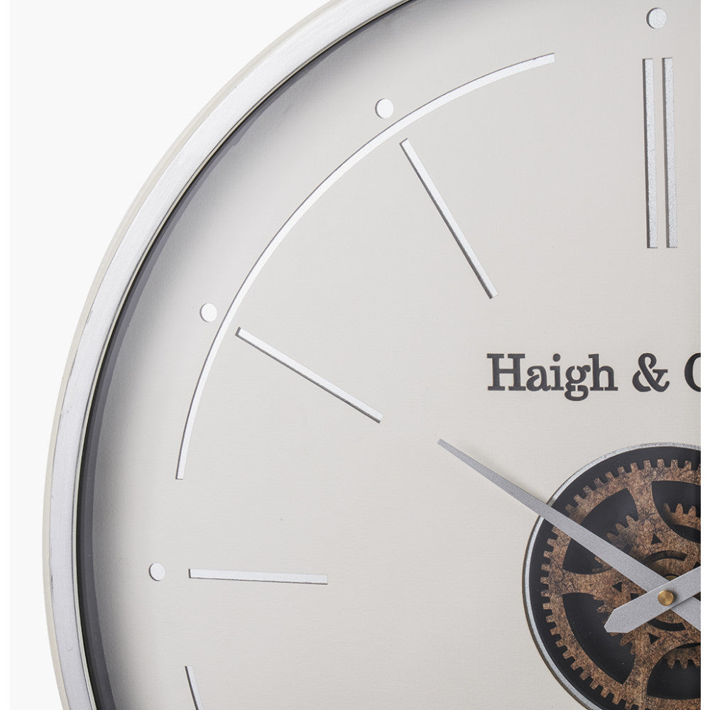 Ivory and Silver Wood Working Cog Wall Clock