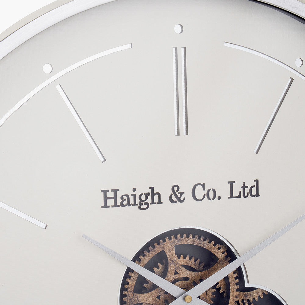 Ivory and Silver Wood Working Cog Wall Clock