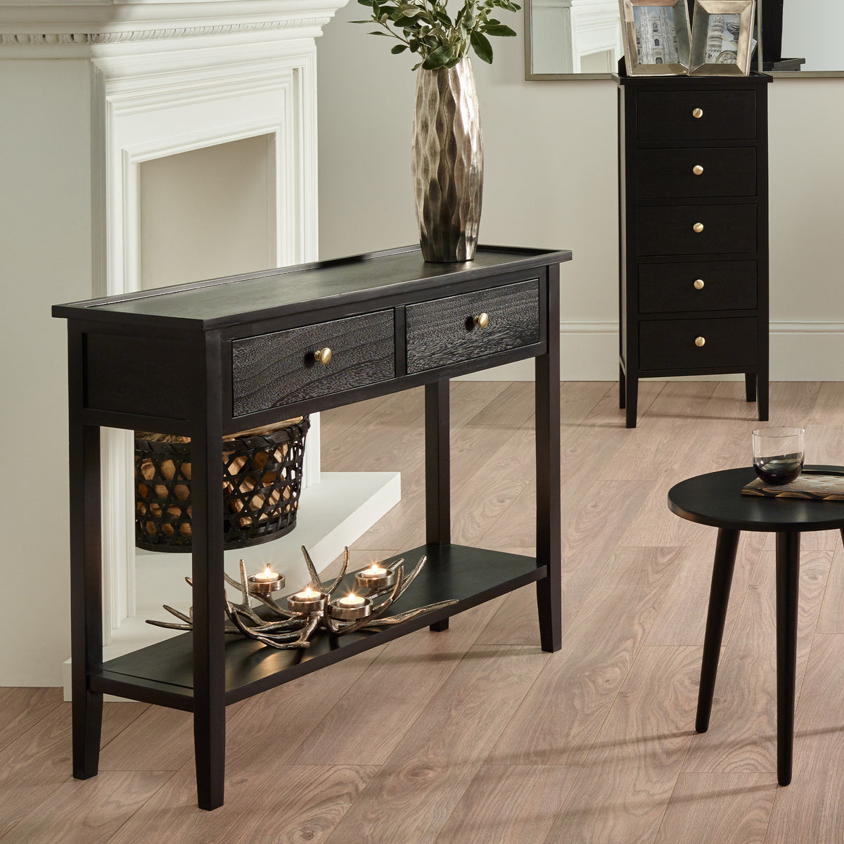 Chelmsford Satin Black Pine Wood 2 Drawer Console Table K/D