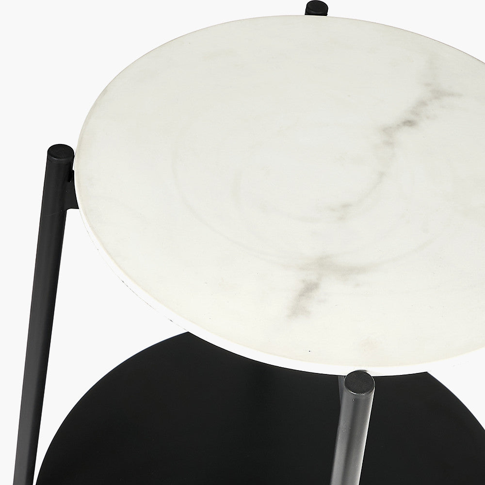Marchello White Marble Veneer and Black Metal Side Table