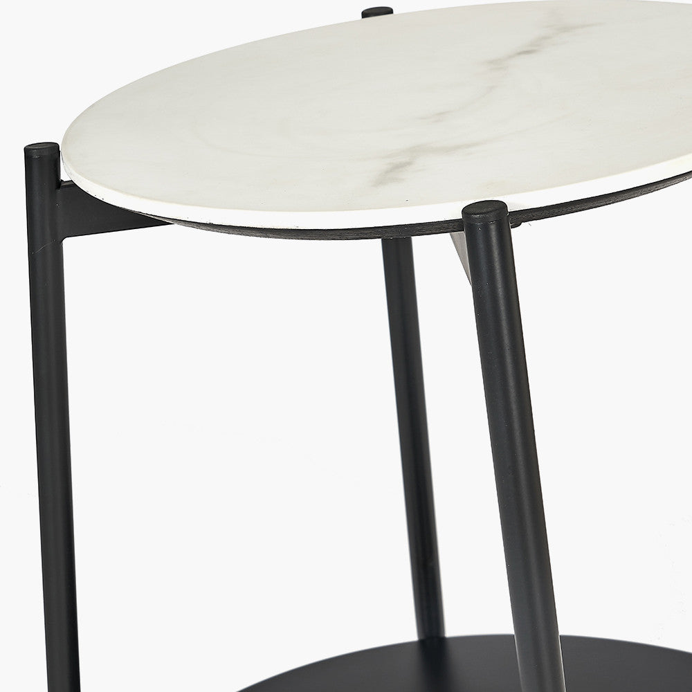 Marchello White Marble Veneer and Black Metal Side Table