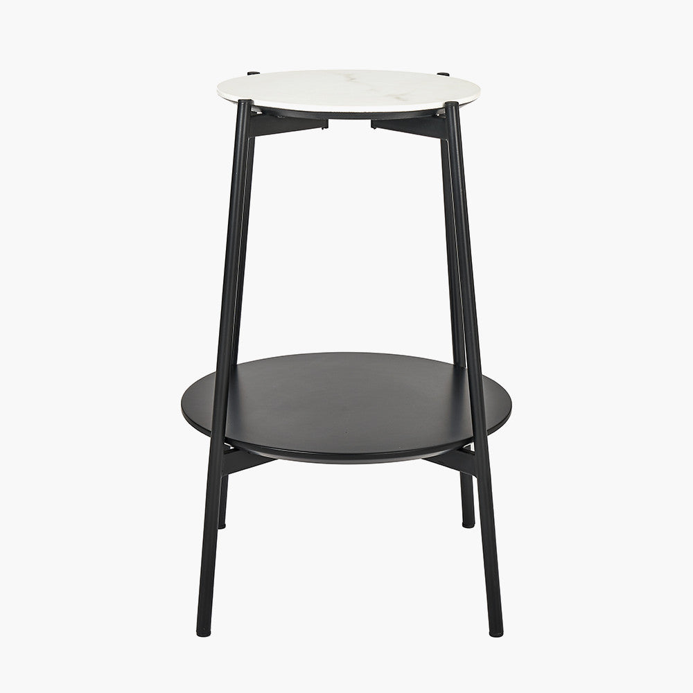 Marchello White Marble Veneer and Black Metal Side Table
