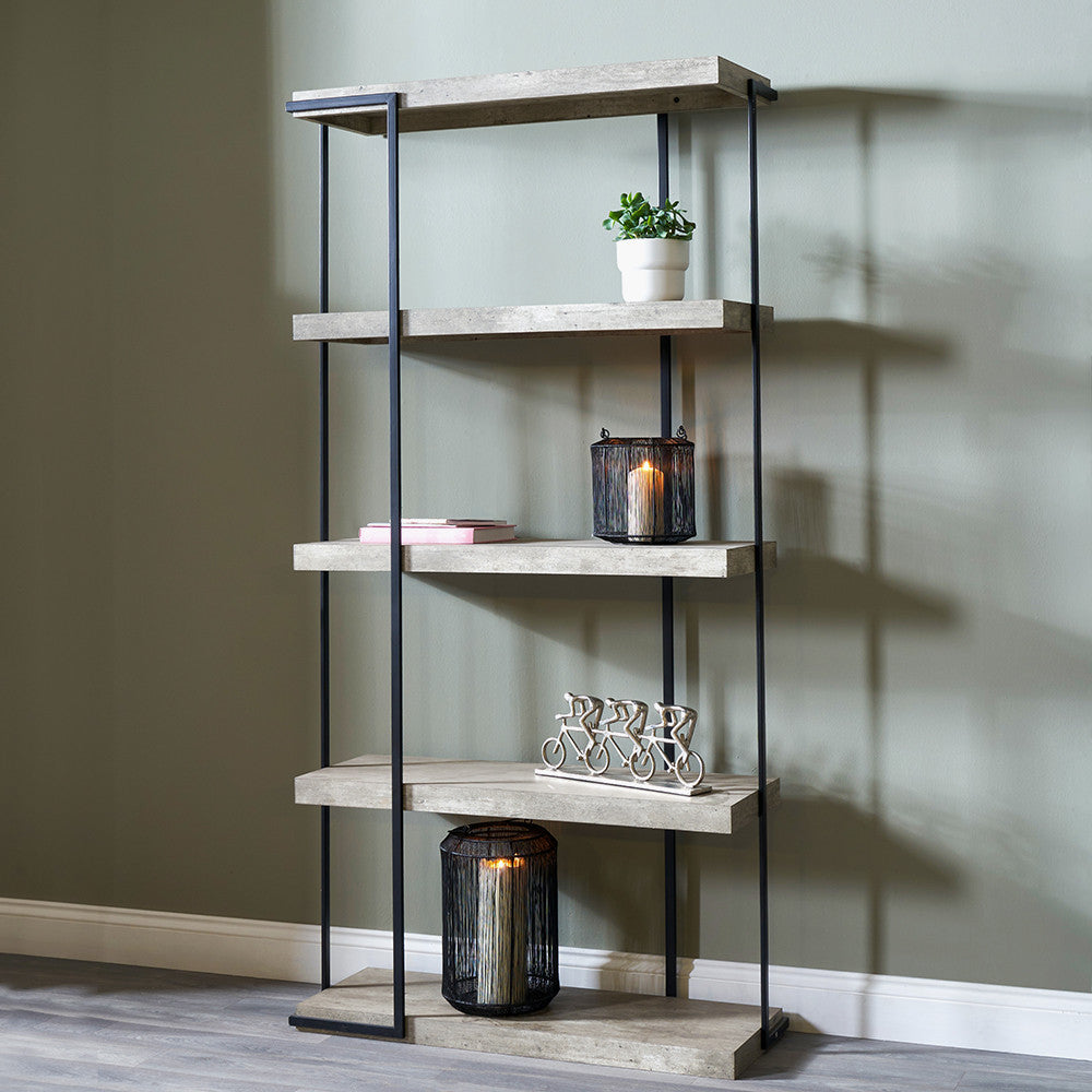Jersey Concrete Effect Wood Veneer and Black Metal 5 Shelf Unit