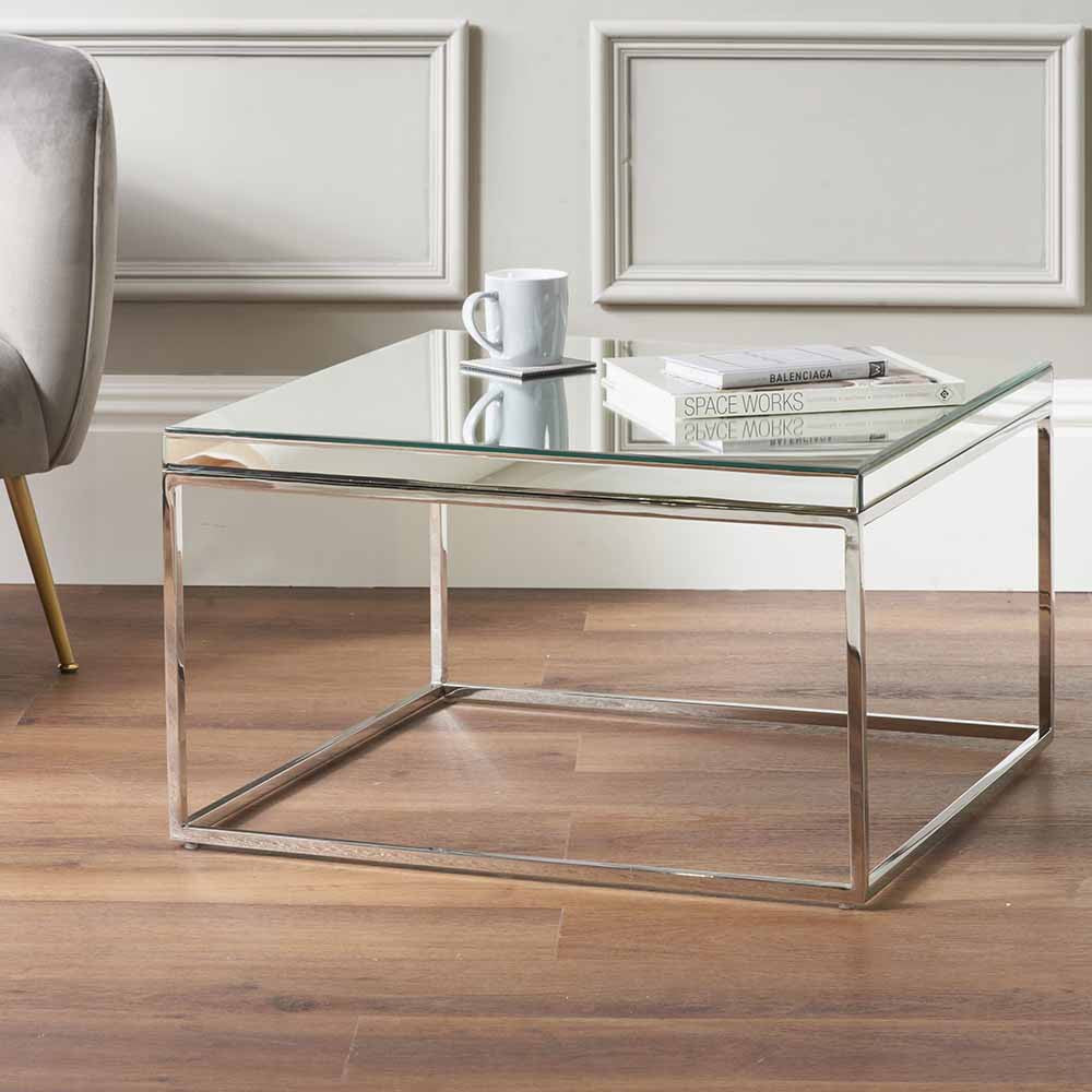 Elysee Mirrored Glass and Silver Metal Square Coffee Table