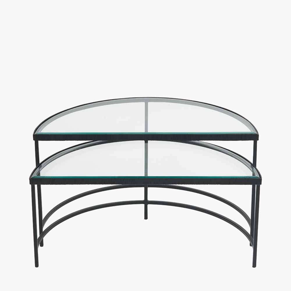Marazzi S/2 Bevelled Glass and Black Metal Half Moon Coffee Tables