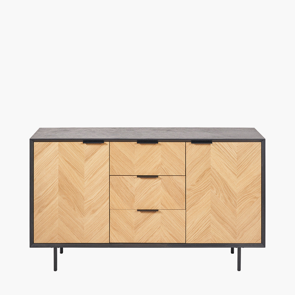 Hailee Black and Natural Chevron Oak and Pine Wood 2 Door 3 Drawer Sideboard