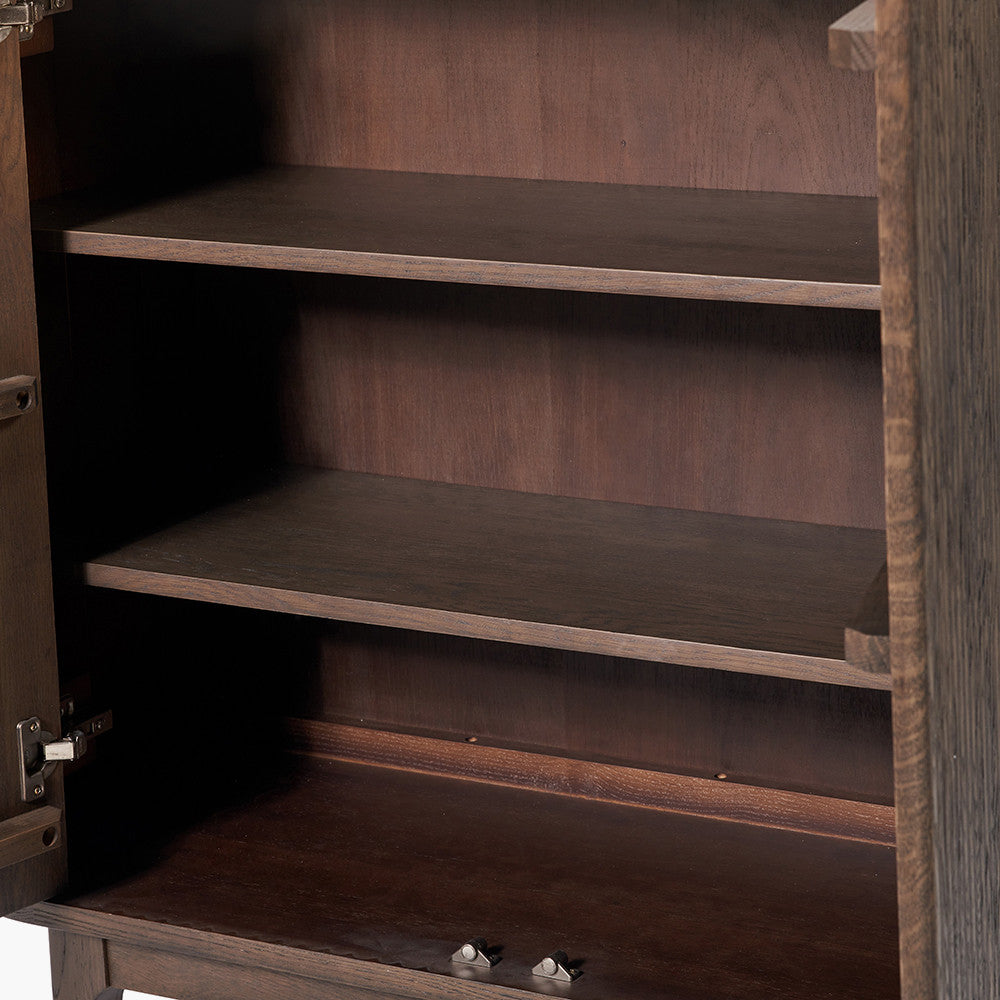 Raie Dark Brown Ribbed Oak and Pine Wood 2 Door Bar Cabinet