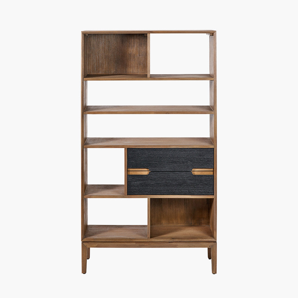 Gio Black and Natural Acacia Wood 2 Drawer, 7 Niche Shelf Unit