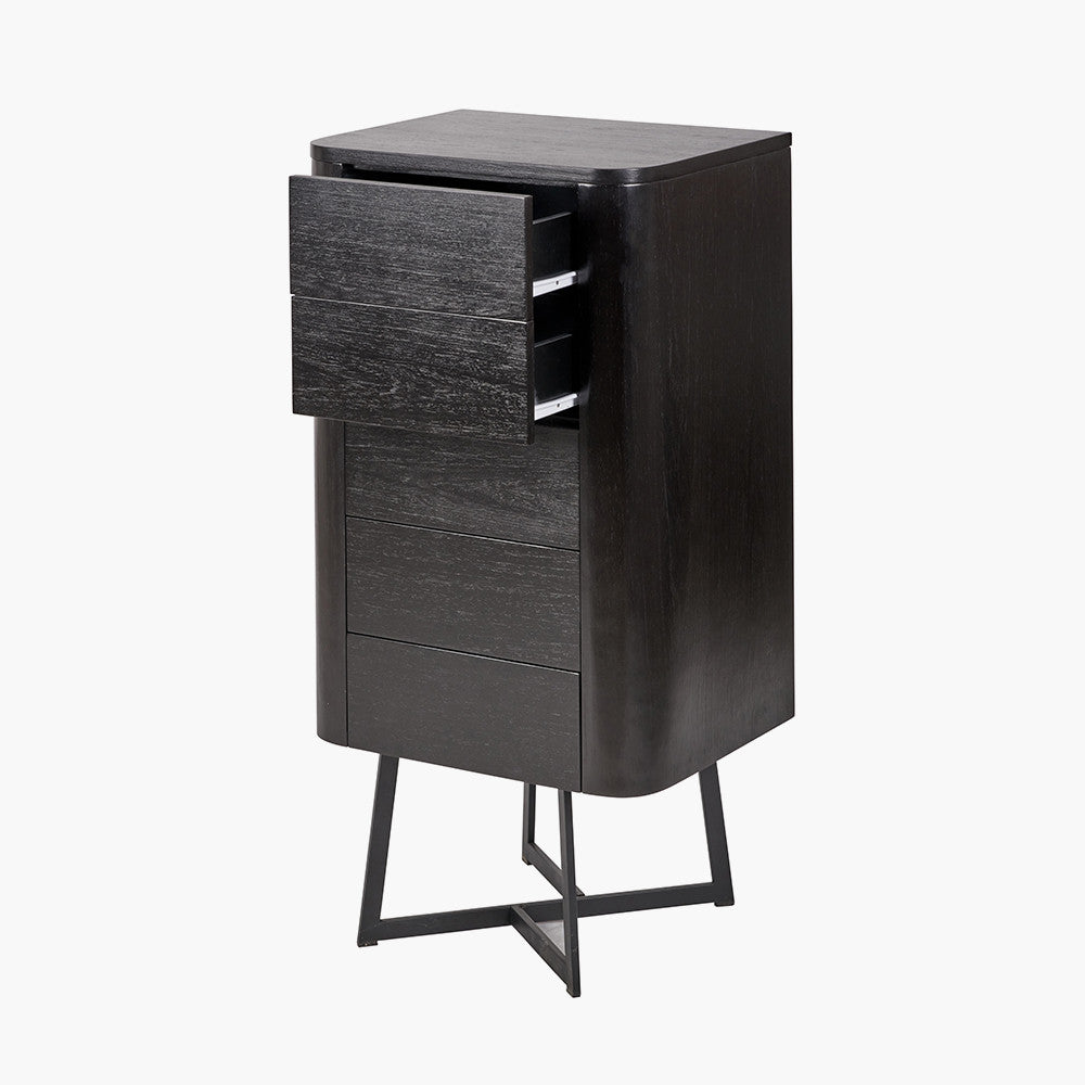 Ukiah Black Ash Veneer and Black Metal 5 Drawer Tall Boy