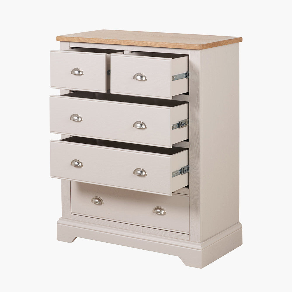 Fairford Parchment White Pine and Oak Wood 5 Drawer Unit