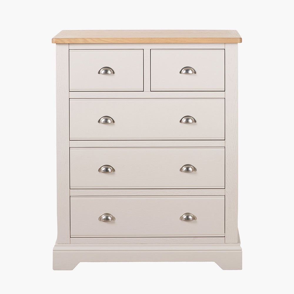 Fairford Parchment White Pine and Oak Wood 5 Drawer Unit