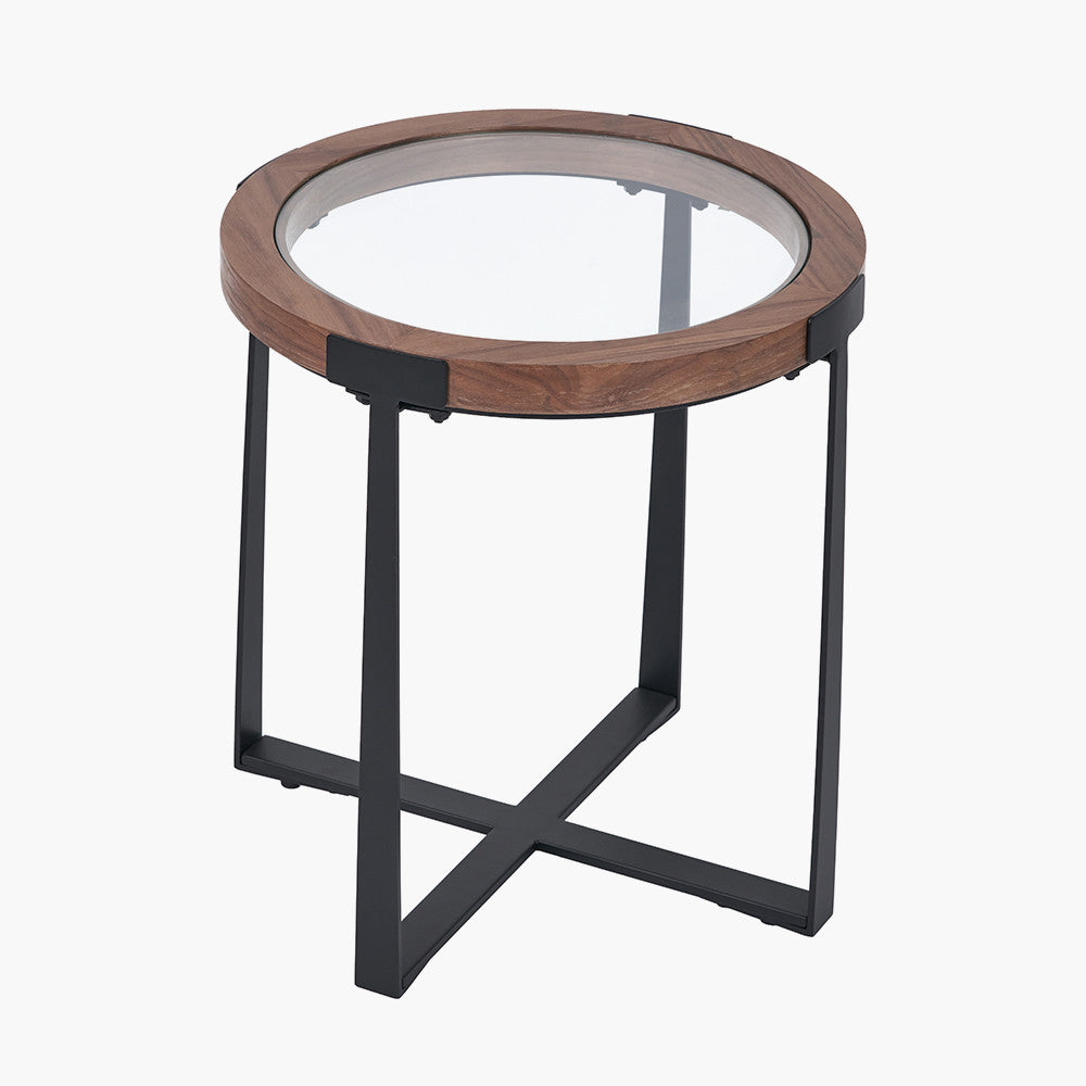 Vermont Clear Glass and Light Walnut Wood Veneer Side Table