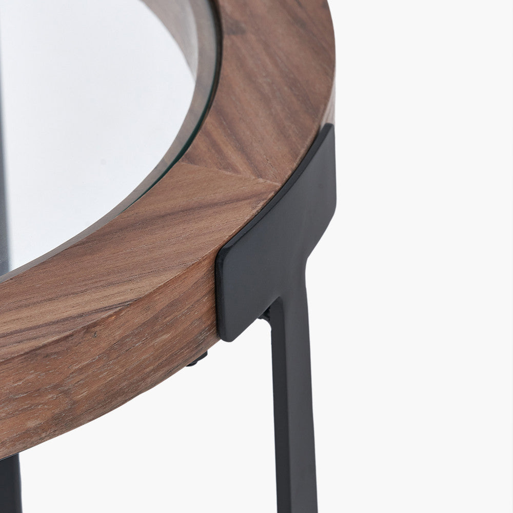 Vermont Clear Glass and Light Walnut Wood Veneer Side Table