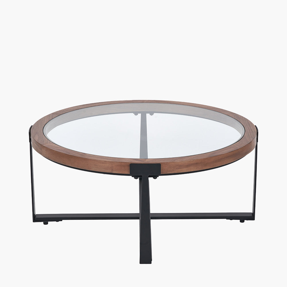 Vermont Clear Glass and Light Walnut Wood Veneer Coffee Table