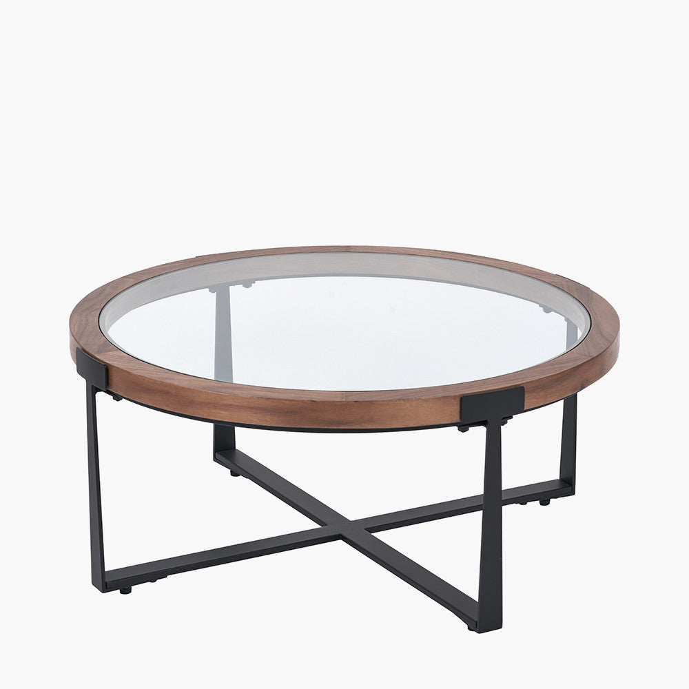 Vermont Clear Glass and Light Walnut Wood Veneer Coffee Table