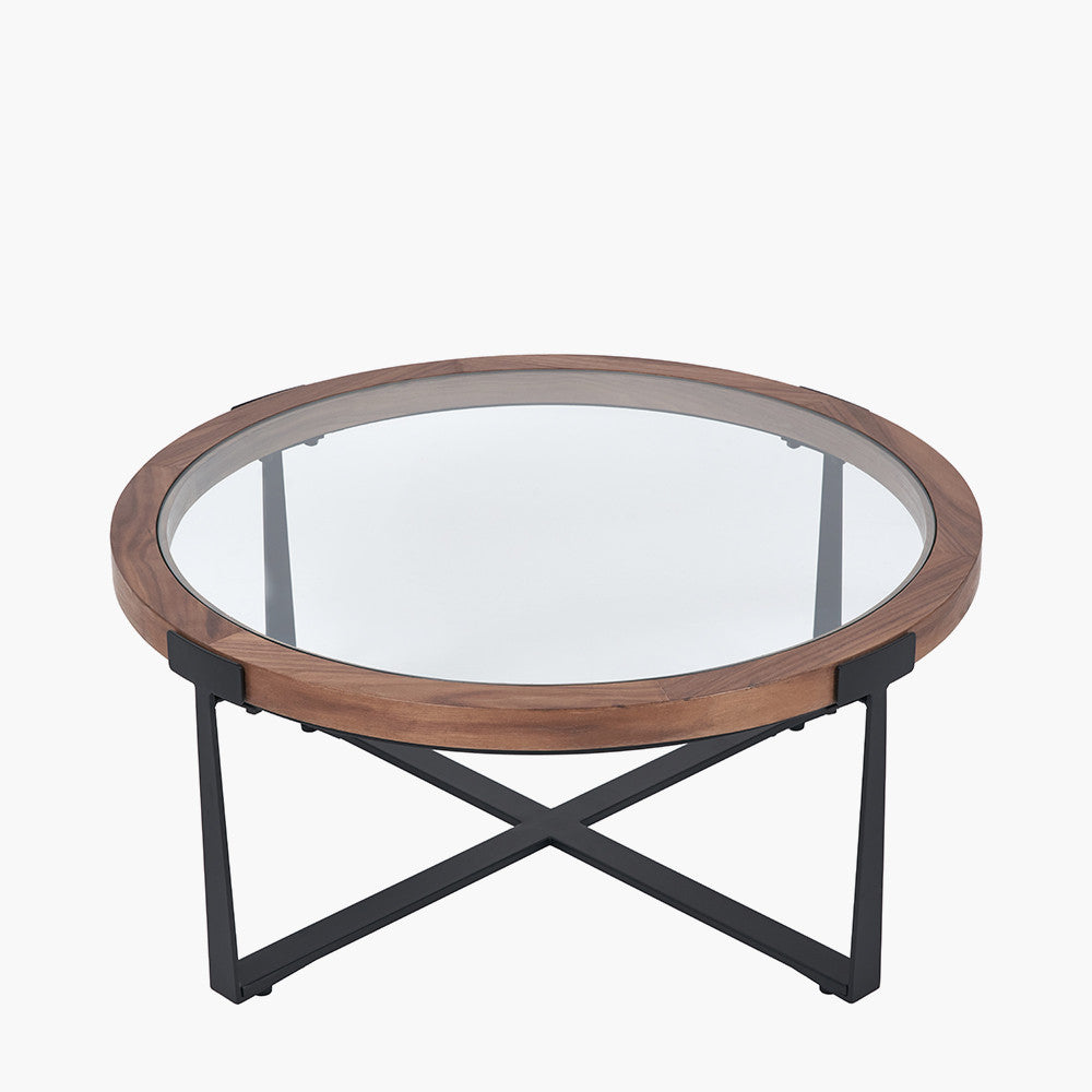 Vermont Clear Glass and Light Walnut Wood Veneer Coffee Table