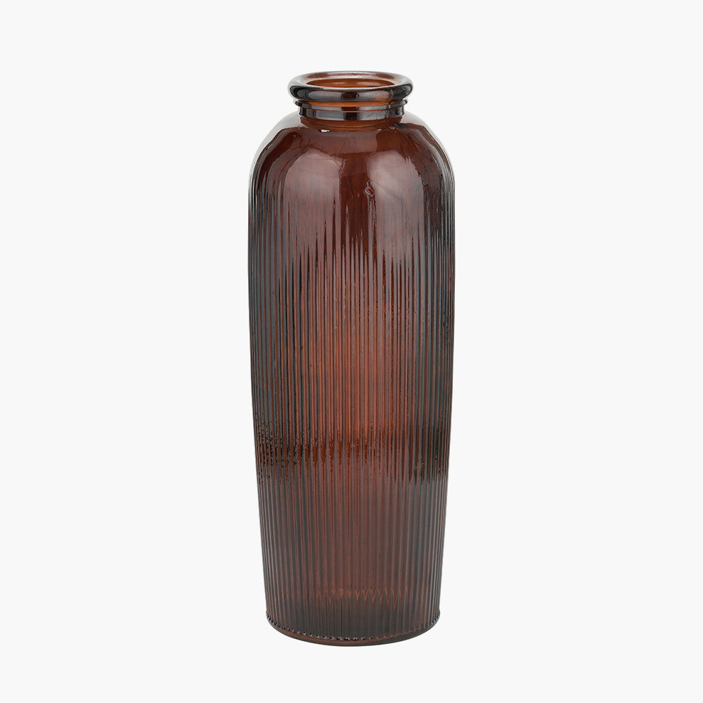 Pecan Brown Recycled Glass Ribbed Vase Tall